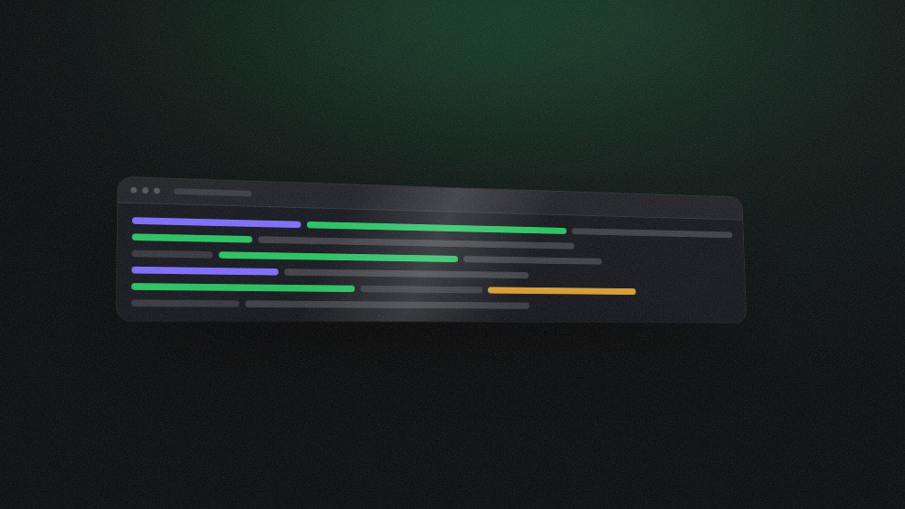 Code editor animated with Static 02 · Hero hold, lit by the Night environment, framed 16:9.